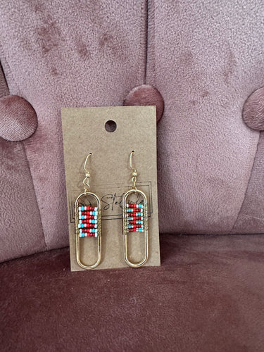 Teal and Red Beaded Earrings
