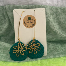 Load image into Gallery viewer, Long Green Petals with gold flower charm (dangles)