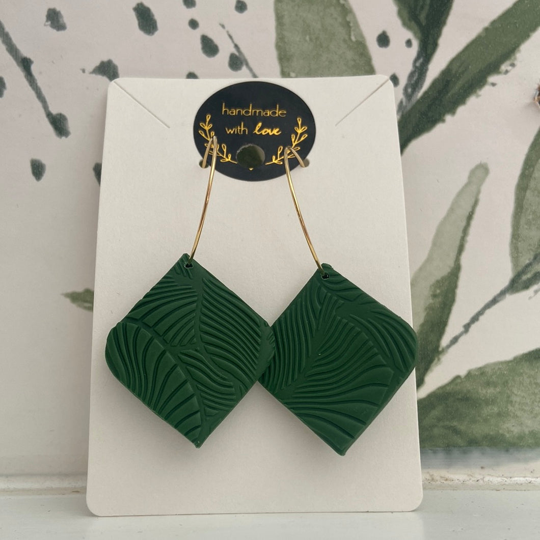 Green Leaf Print Gold Hoops