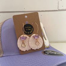 Load image into Gallery viewer, White petals with lavender charm and gold heart hoop earrings (dangles)