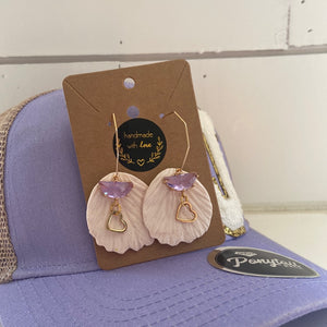 White petals with lavender charm and gold heart hoop earrings (dangles)