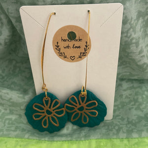 Long Green Petals with gold flower charm (dangles)