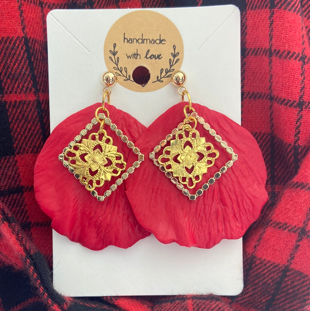 Red Petals with gold floral and square charms (dangles)