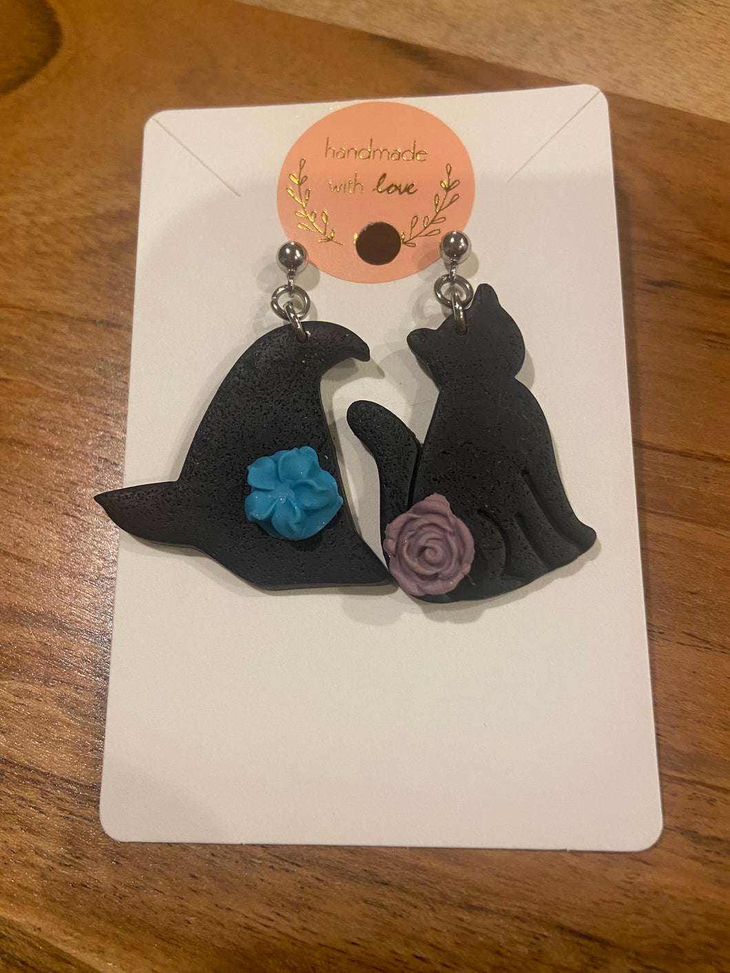 Halloween Black Cat and Witch’s Hat with blue and purple flowers